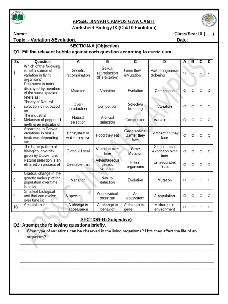 Worksheet 1 Ch#10 (Evolution) Bio Ix | PDF | Genetic Diversity ...