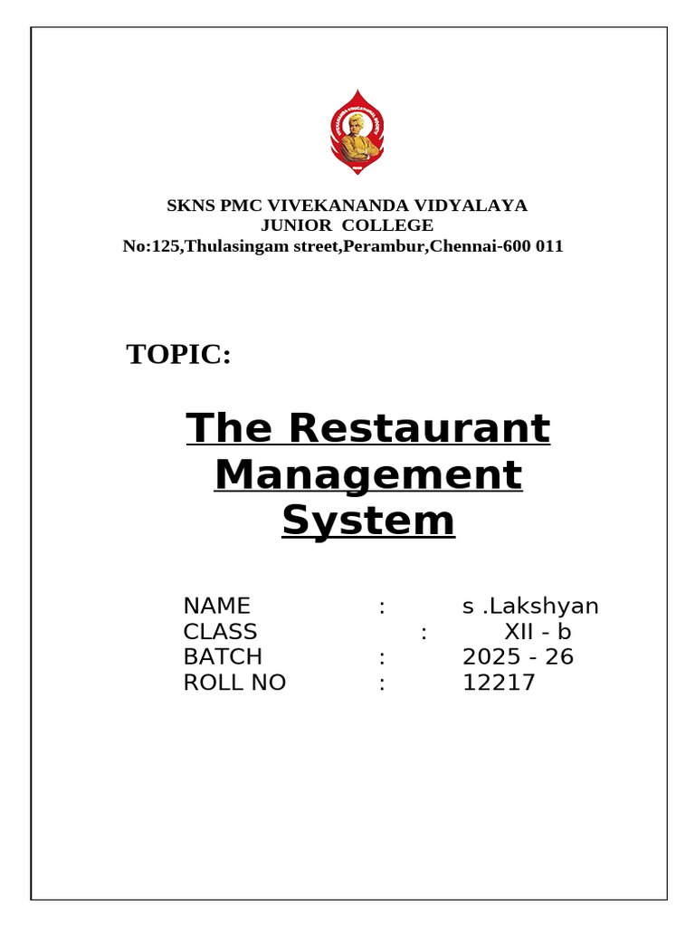 Cs Project Restaurant Lakshyan S PDF | PDF | Databases | Python ...