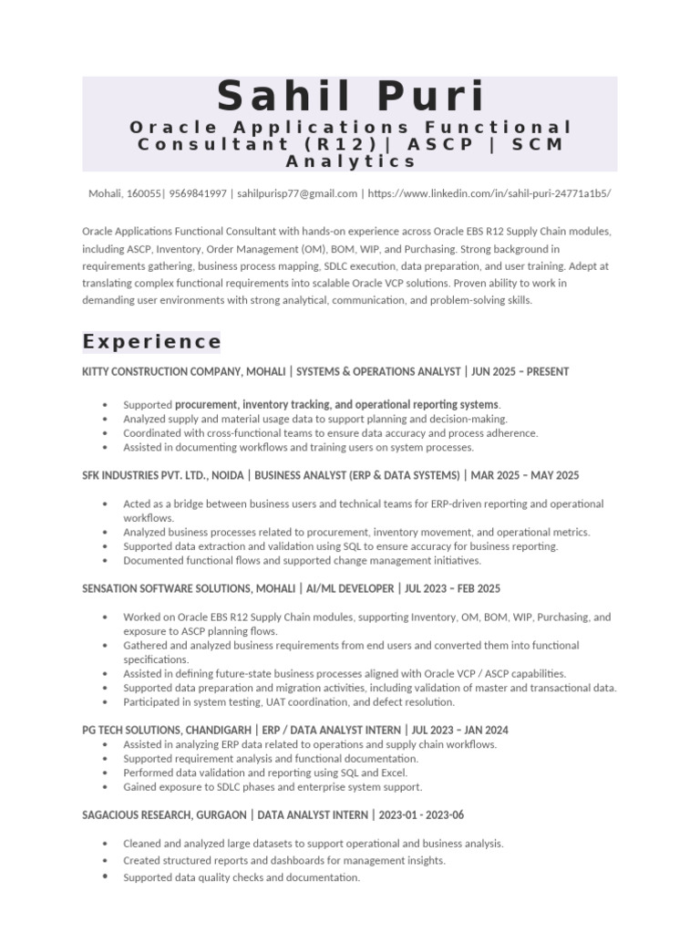Sahil Puri Oracle | PDF | Data Analysis | Information Technology Management