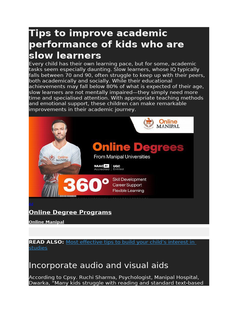 Tips to Improve Academic Performance of Kids Who Are Slow Learners | PDF