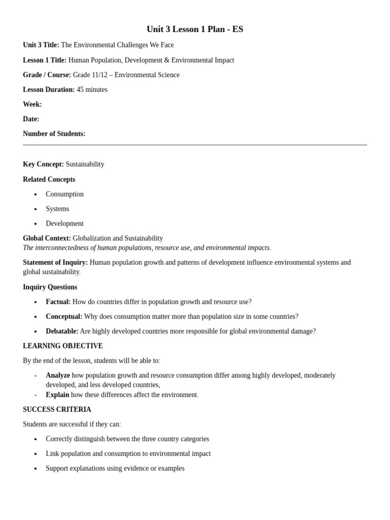 ES Ch3 L1 Lesson Plan | PDF | Sustainability | Lesson Plan