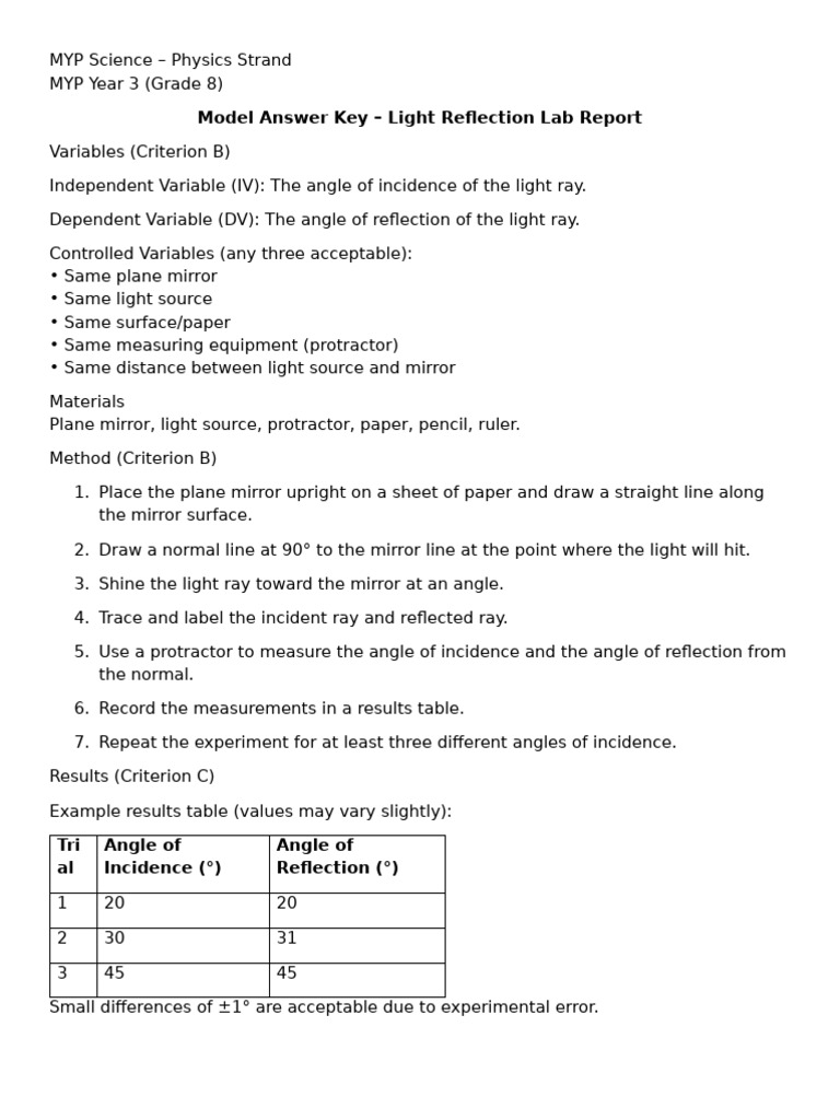 Lab Report Answer Key - L2+L3 (Criteria B-C) | PDF | Angle | Experiment