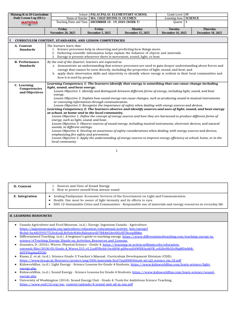 DLL - Matatag - Science 4 q3 w7 | PDF | Sound | Learning