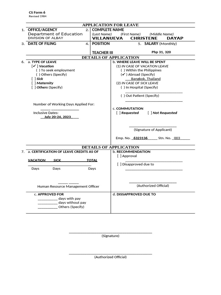 CS Form 6 Leave Paper Tene | PDF | Chess Theory | Chess