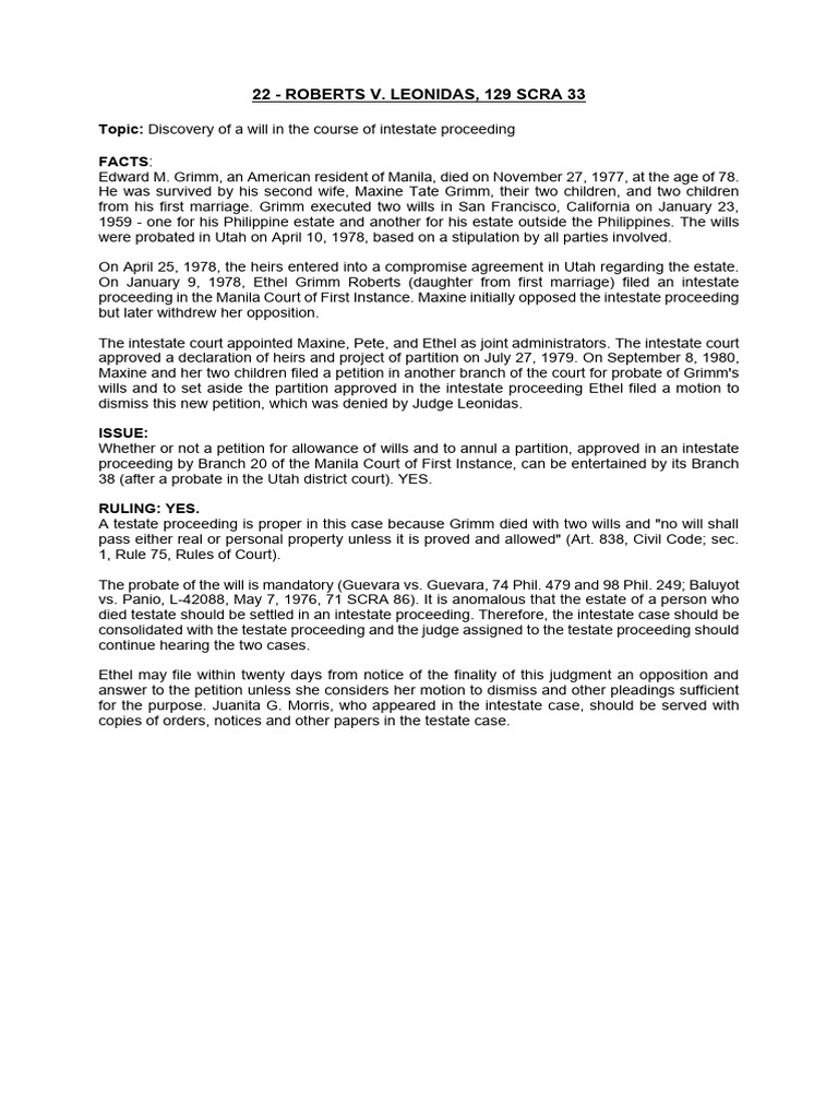 22 - Roberts v. Leonidas, 129 SCRA 33 | PDF | Intestacy | Probate