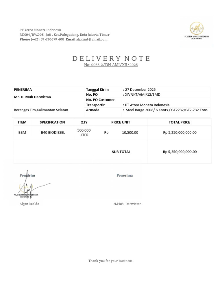 Delivery Note: No: 0065-2/DN-AMI/XII/2025 | PDF