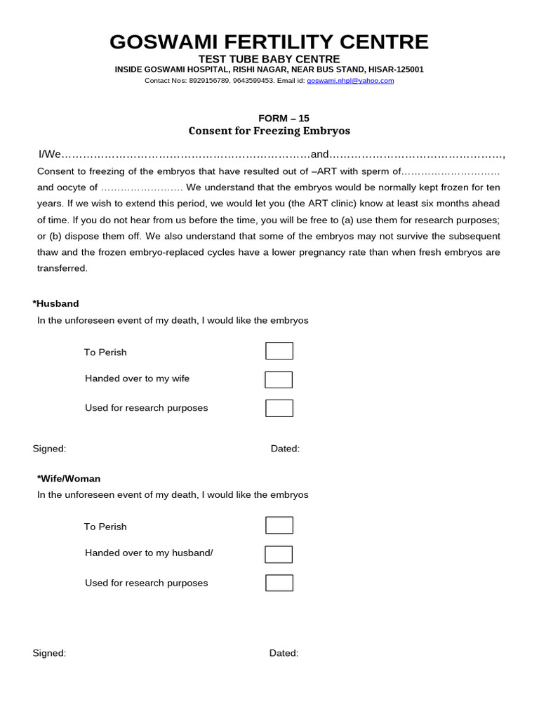 Consent Form For Freezing of Embryos | PDF | In Vitro Fertilisation ...
