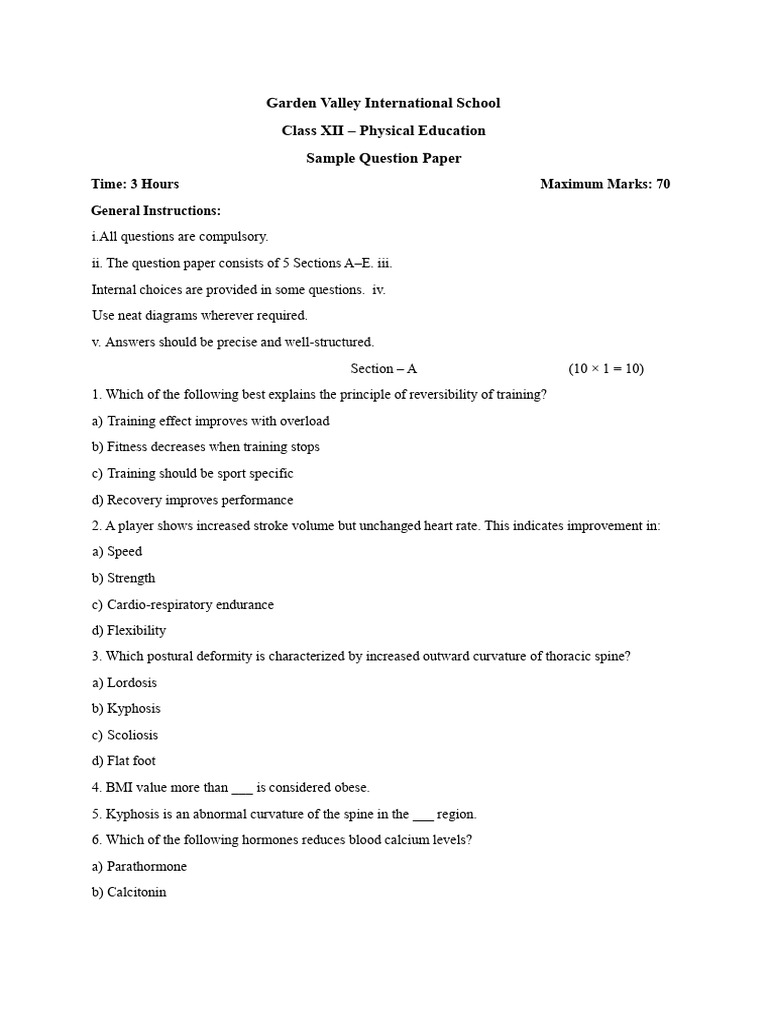 12th Physical Education Sample Paper-1 | PDF | Physical Fitness ...