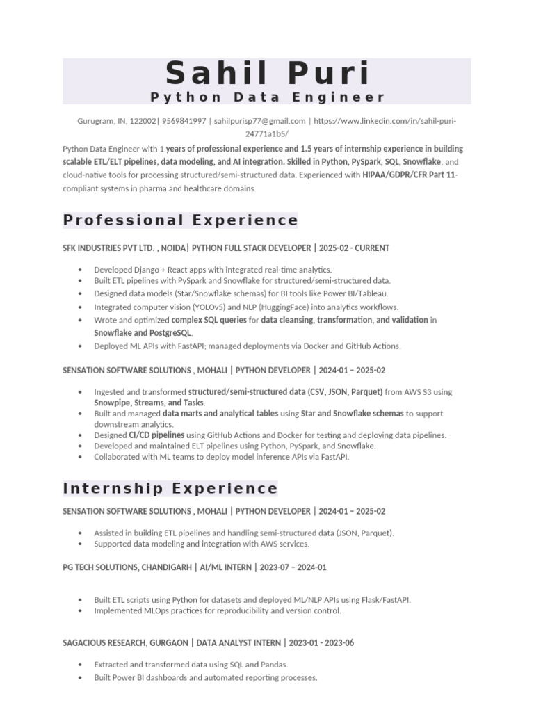 Sahil Resume - Python Data Engineer 1 | PDF | Apache Spark ...