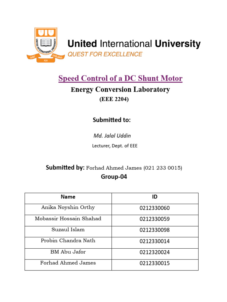Speed Control of A DC Shunt Motor | PDF | Voltage | Electromagnetism