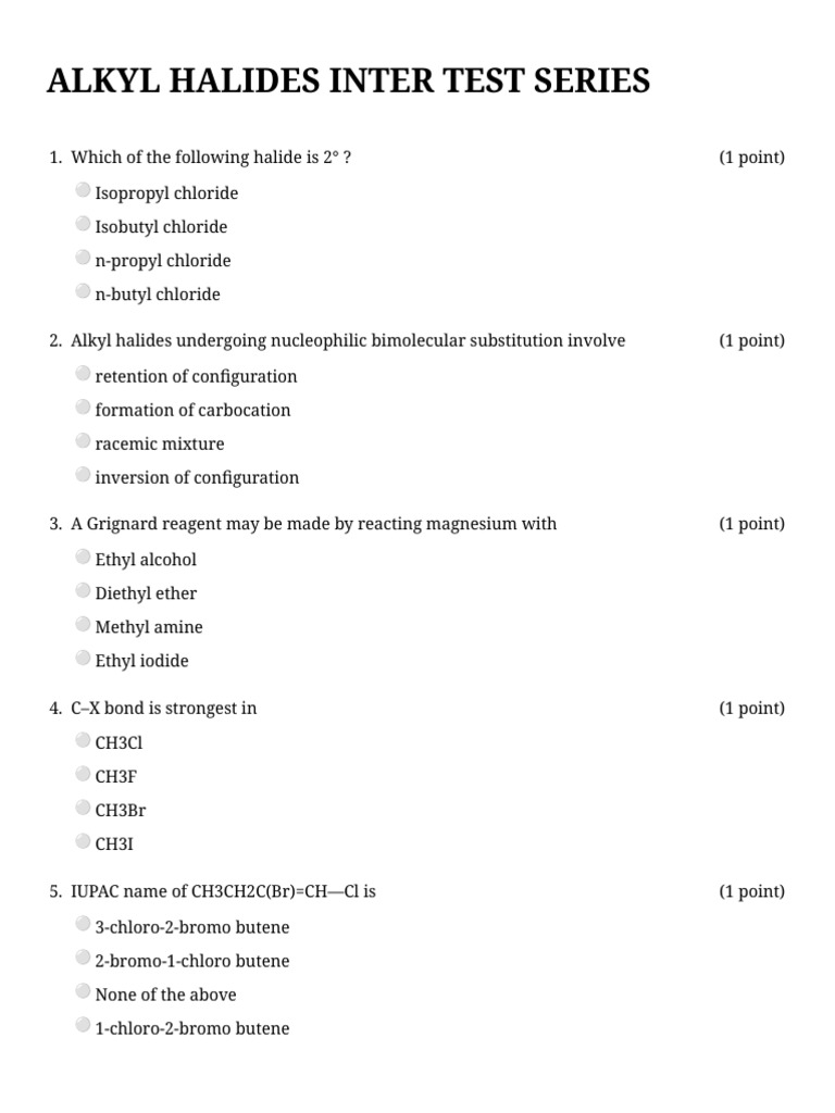 Unsolved Alkyl Halides Inter Test Series | PDF | Ether | Ethanol