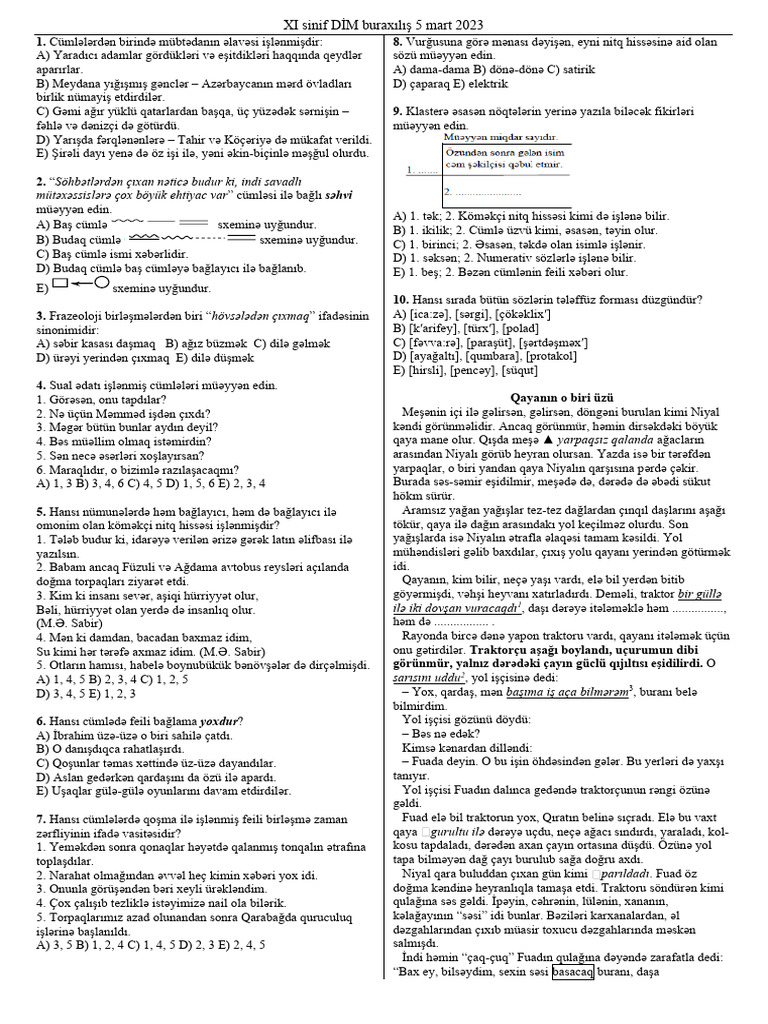XI Sinif Buraxılış 5 Mart 2023 Suallar | PDF