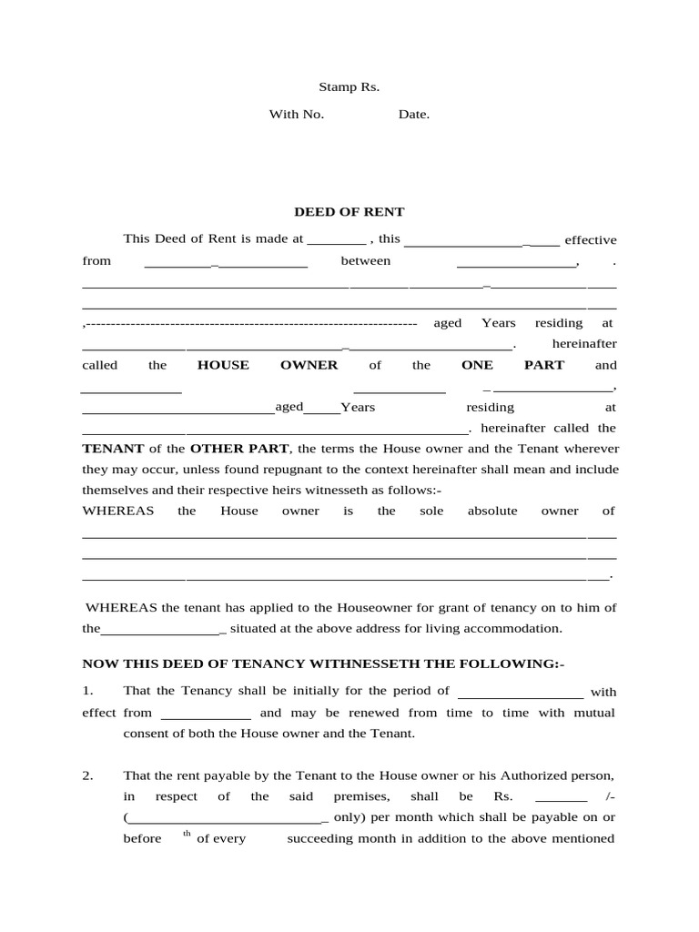 Rent Deed | PDF | Leasehold Estate | Lease