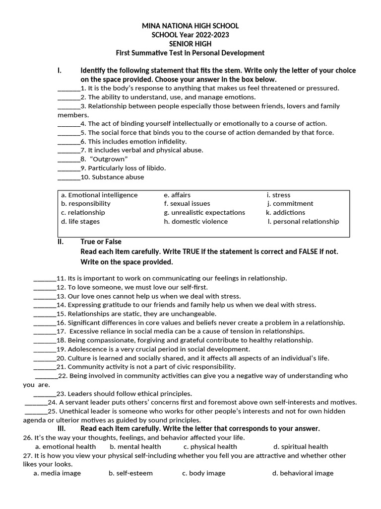 Perdev 2nd Summative Tests | PDF | Family | Self Esteem