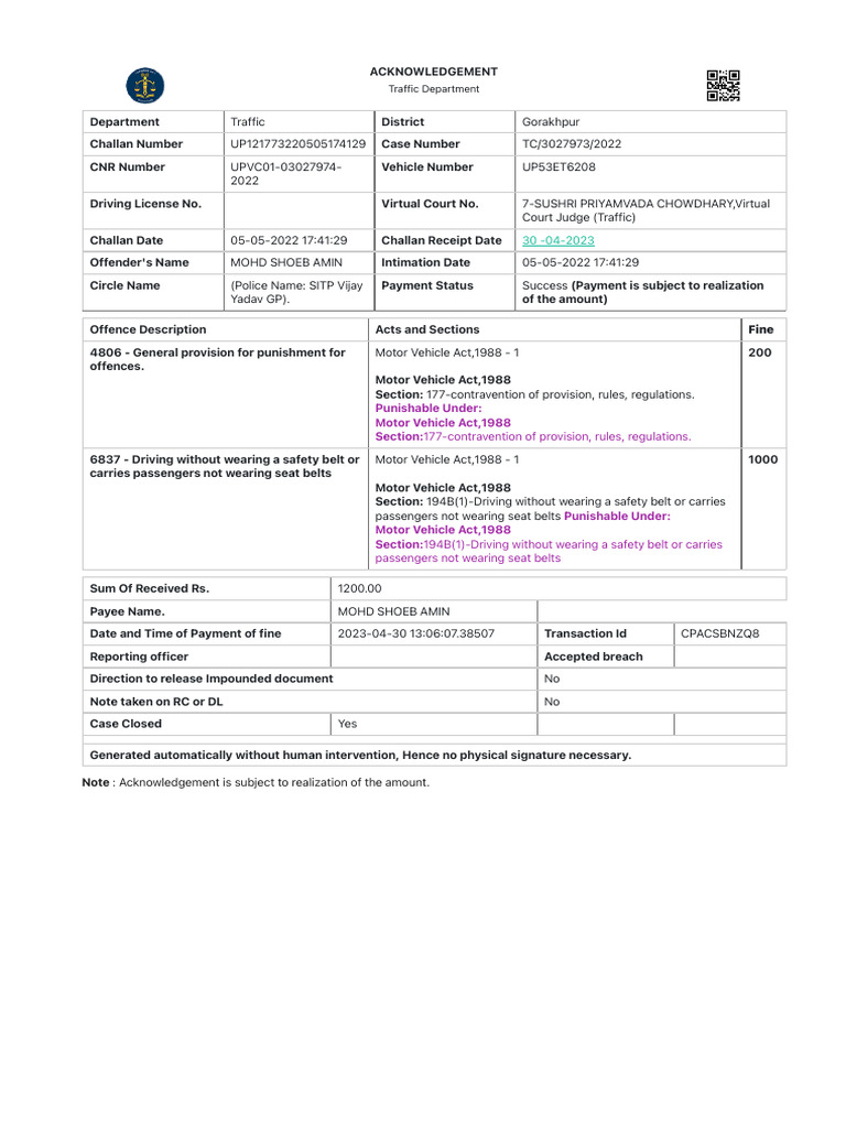 UP53ET6208 challan paid | PDF | Transport | Road Transport