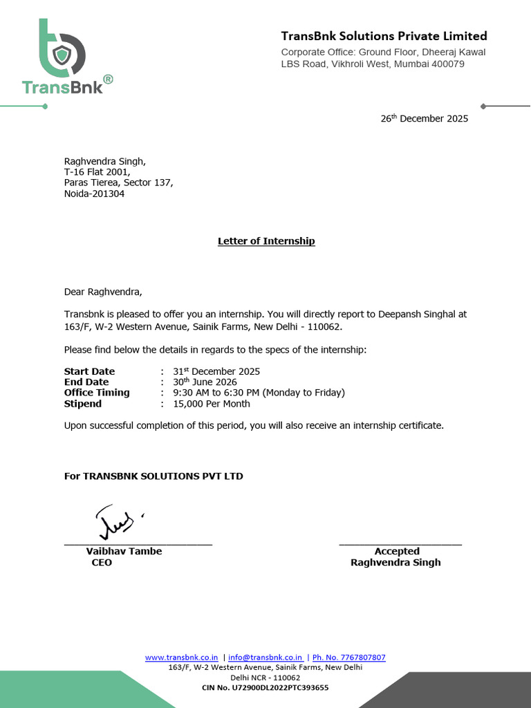 Internship Letter - Raghvendra Singh | PDF