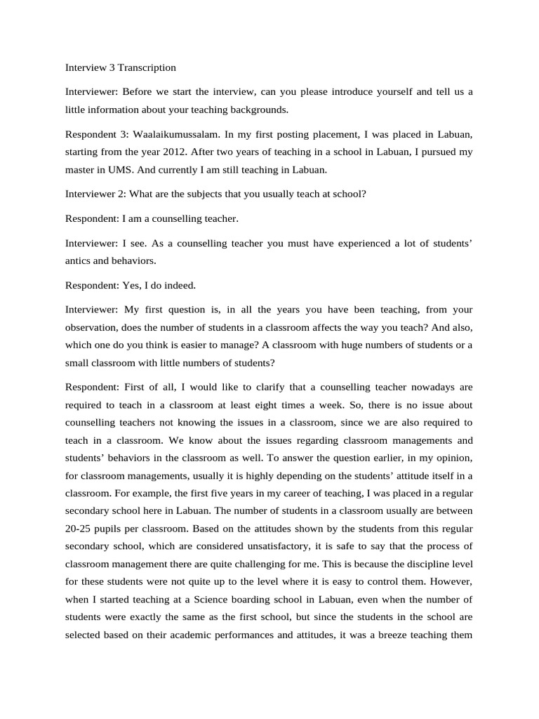Interview 3 Transcription | PDF | Classroom | Teachers