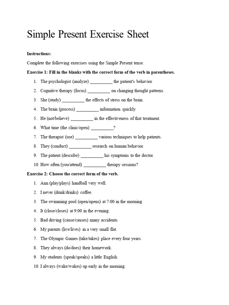 Simple Present Exercise Sheet: Instructions | PDF