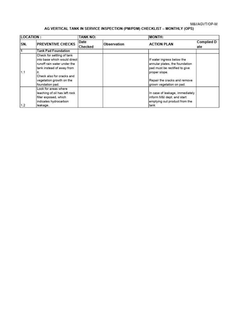 Ag Vertical Tank in Service Inspection (PM/PDM) Checklist - Monthly ...