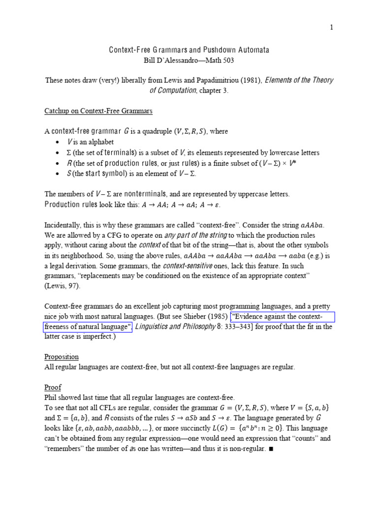 CFGs and Pushdown Automata | PDF | Automata Theory | Grammar