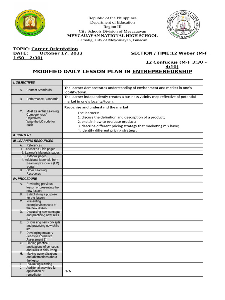 Entrepre 4 | PDF | Learning | Lesson Plan