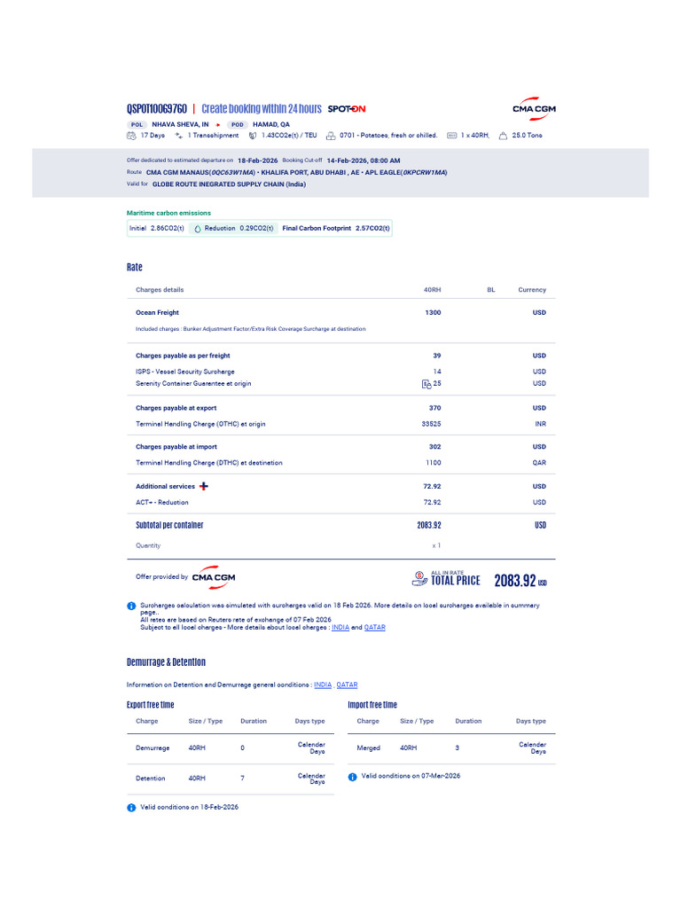 Cmacgm Innsa Qahmd RF 20260207 Qspot10069760 | PDF | Cargo | Freight ...