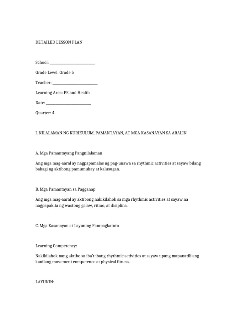 Grade 5 PE Health Detailed Lesson Plan | PDF