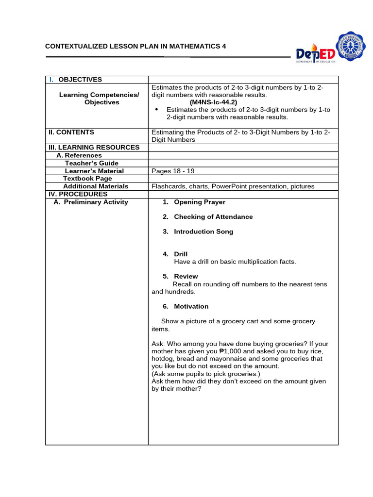 Lesson Plan in Math 4 Quarter 1 | PDF | Multiplication | Learning