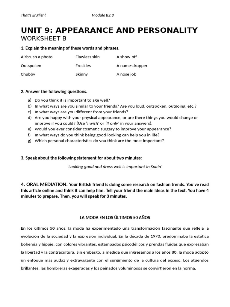 Unit 9B. Appearance and Personality | PDF | Moda