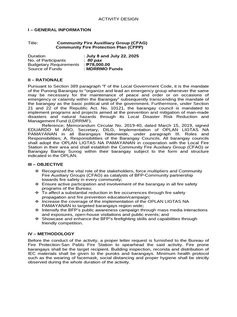 Activity Design - Cfag 2025 | PDF | Fire Safety | Hazards