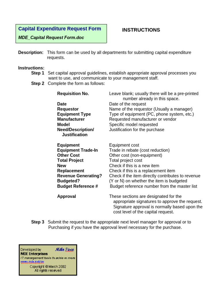 MDE - Capital Request Form | PDF | Business