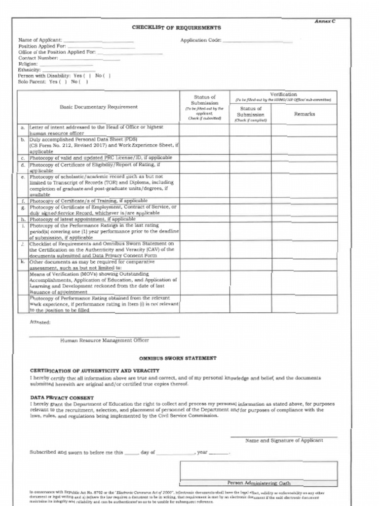 Checklist of Requirements and Omnibus Sworn Statement On The ...