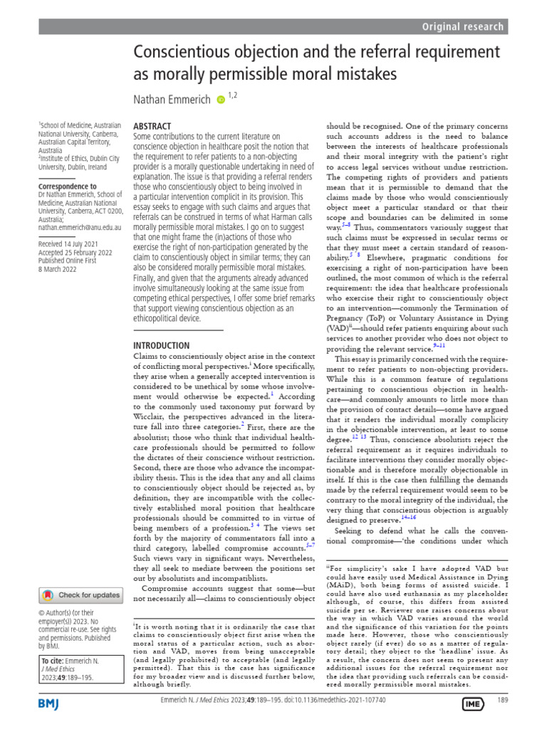 Conscientious Objection and The Referral Requirement As Morally ...