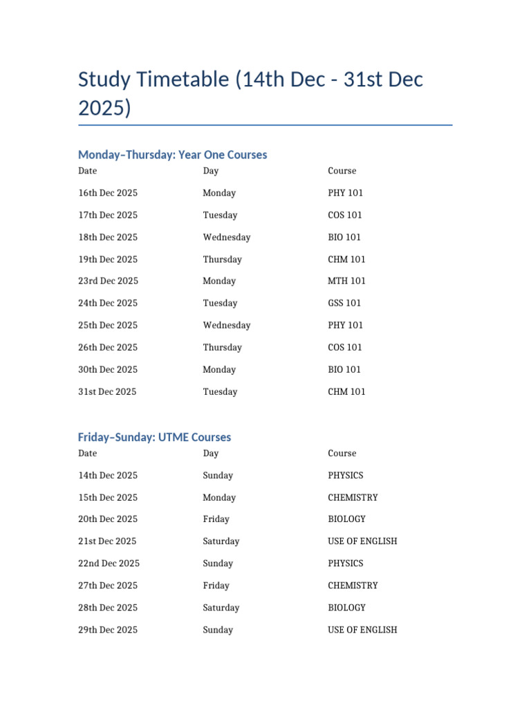 December Study Timetable Corrected | PDF