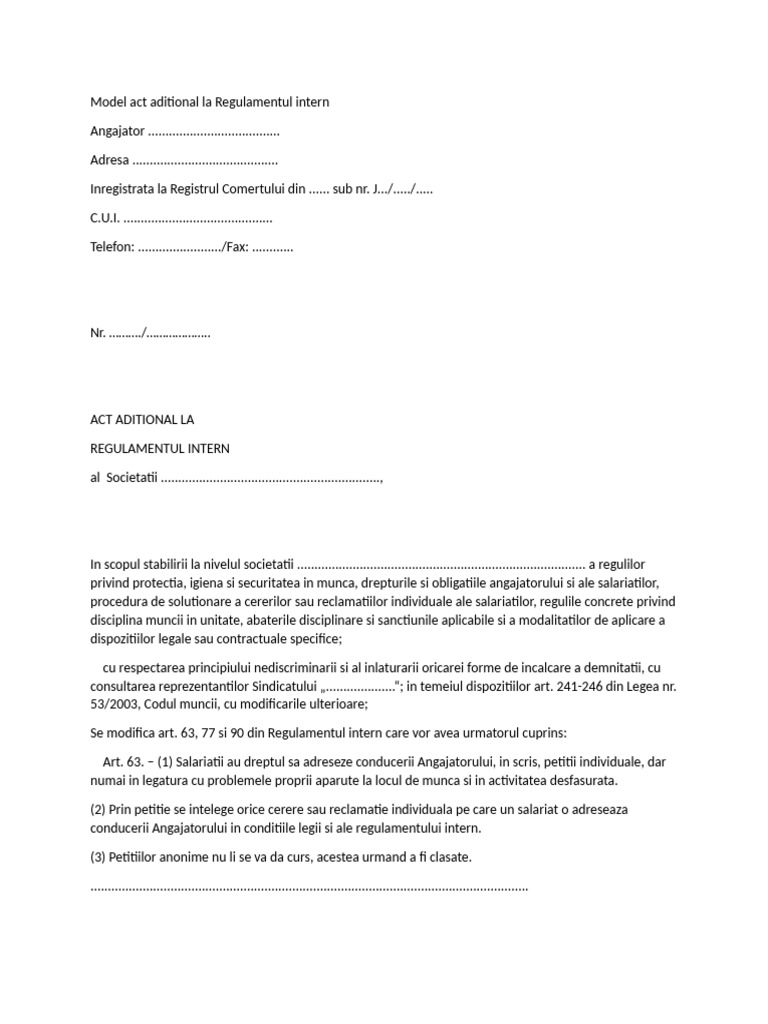 Model Act Aditional La Regulamentul Intern | PDF