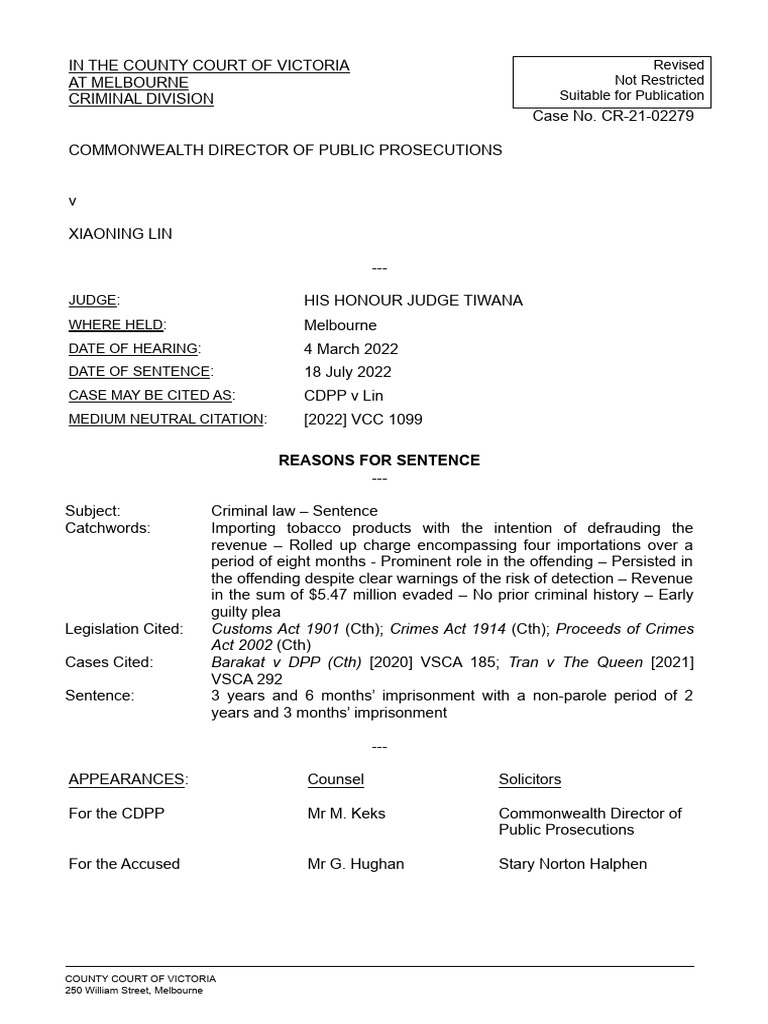 Cdpp v Lin [2022] Vcc 1099 | PDF | Plea | Crimes