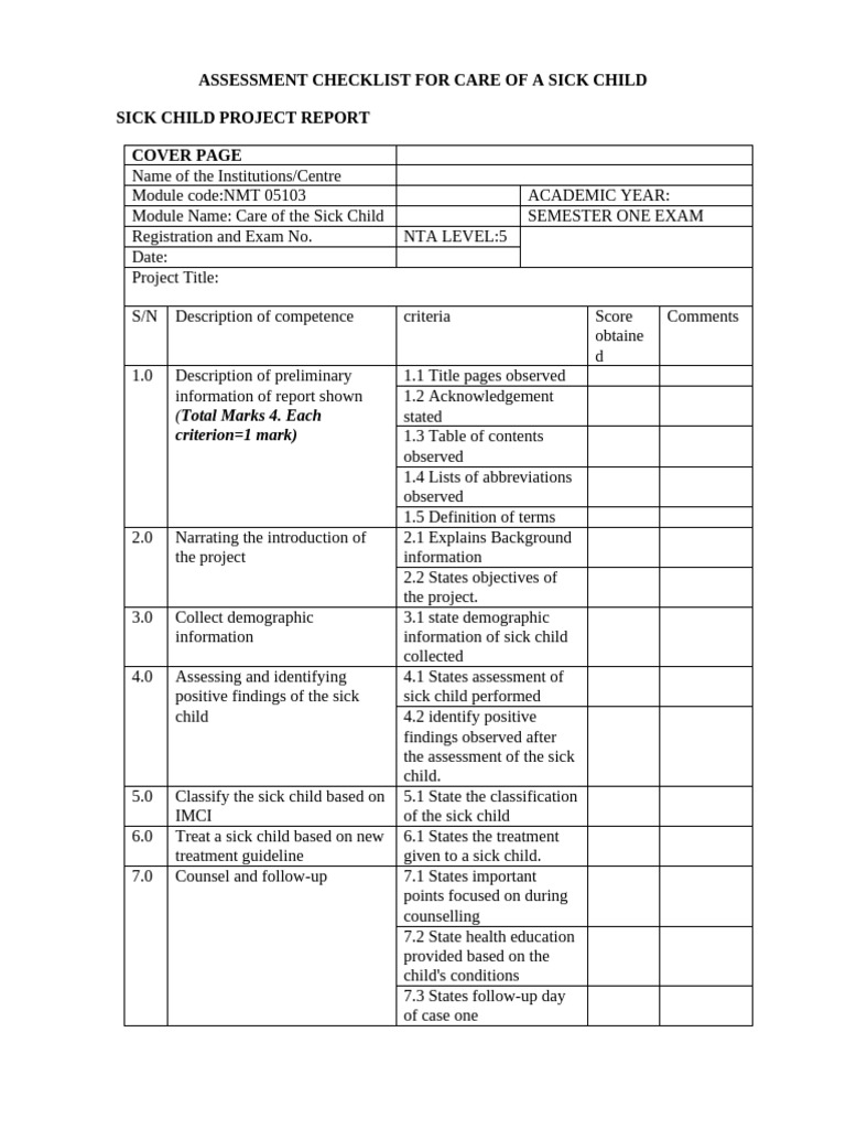 Assessment Checklist for Care of Sick Child Project Report | PDF