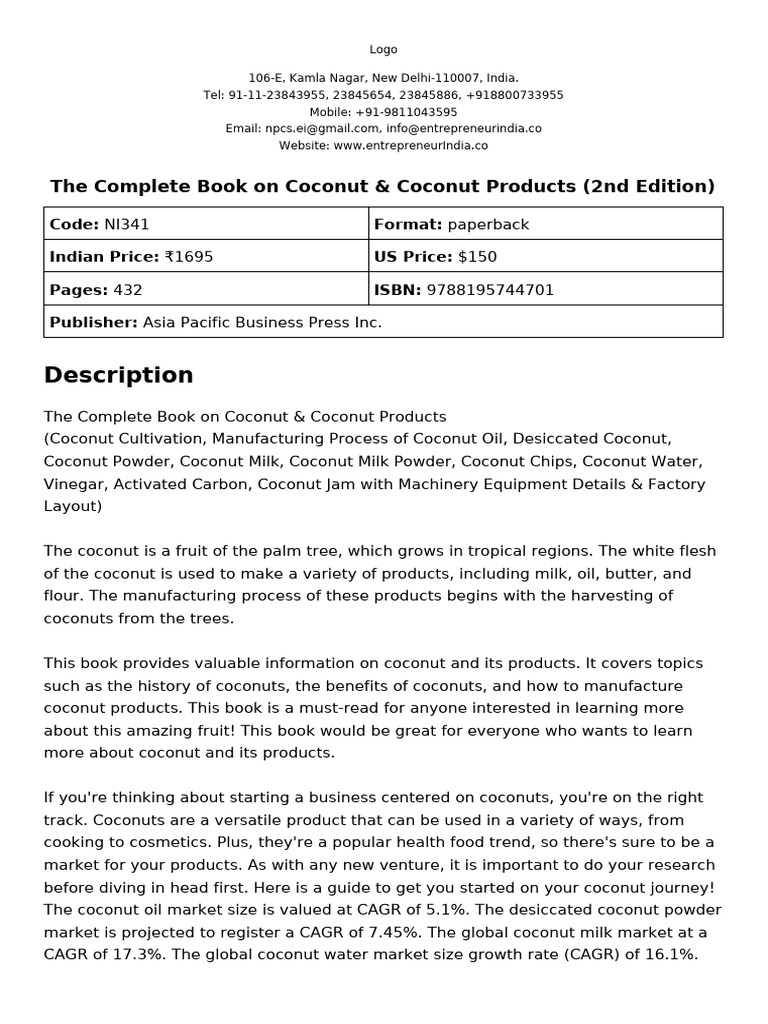 The Complete Book On Coconut & Coconut Products (2nd Edition) | PDF ...