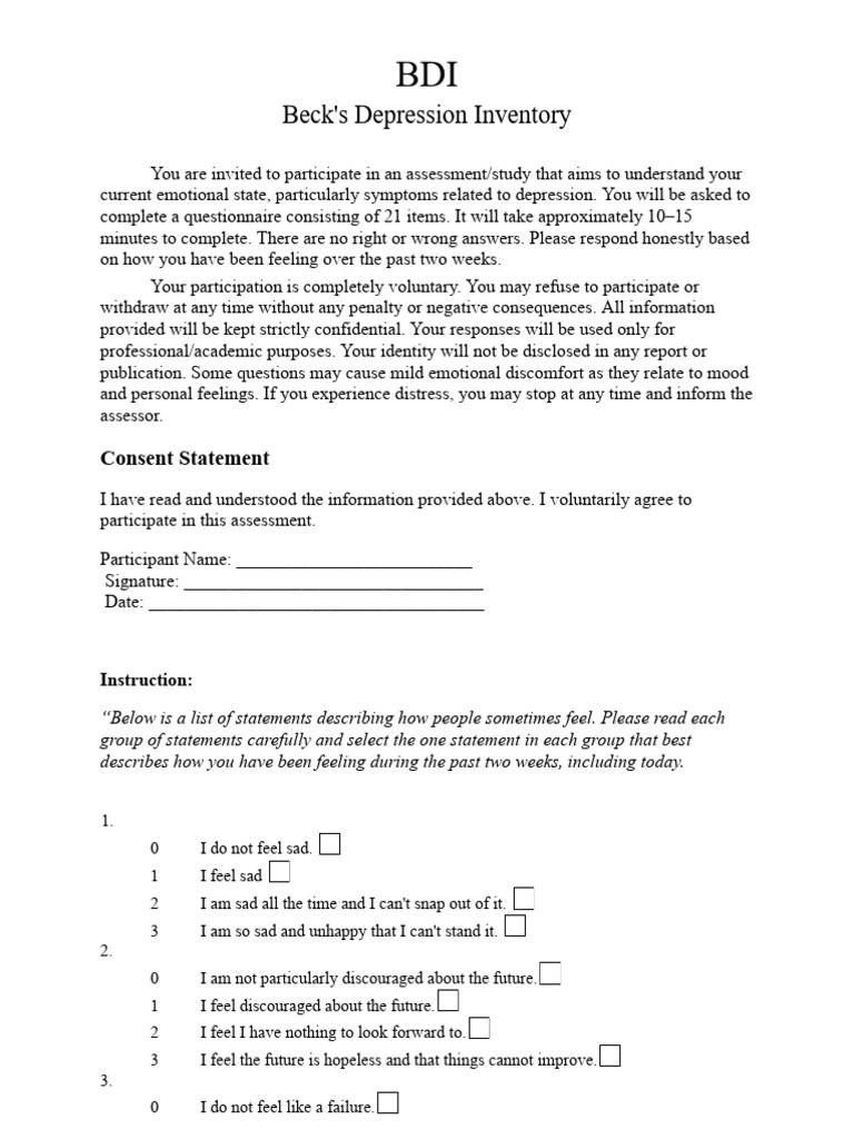 Beck-Depression-Inventory-consent Form Included | PDF | Psychological ...