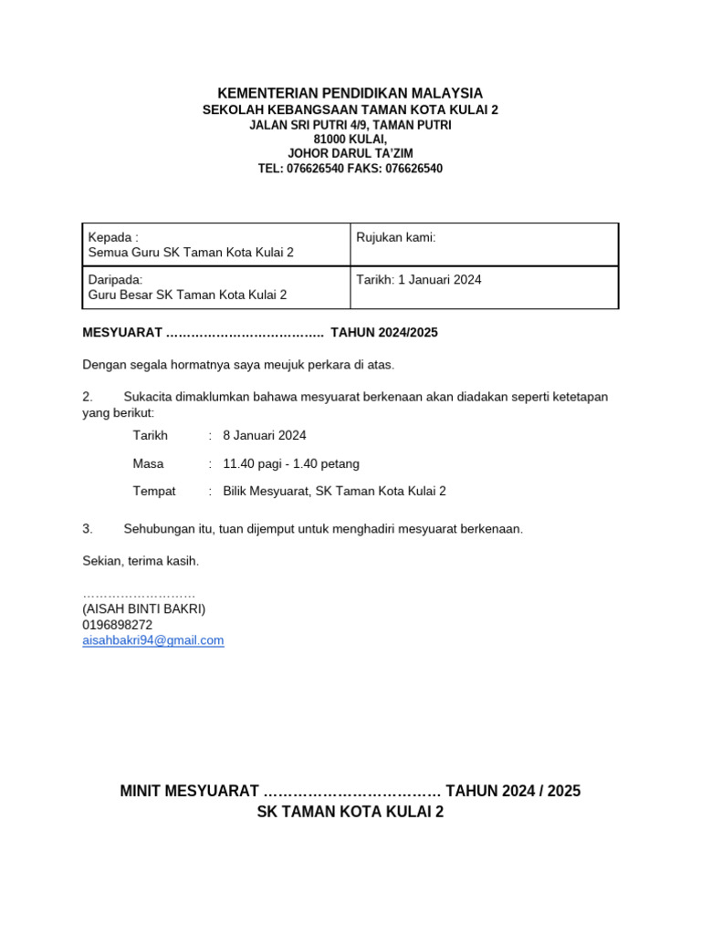 Contoh Format Minit Mesyuarat | PDF