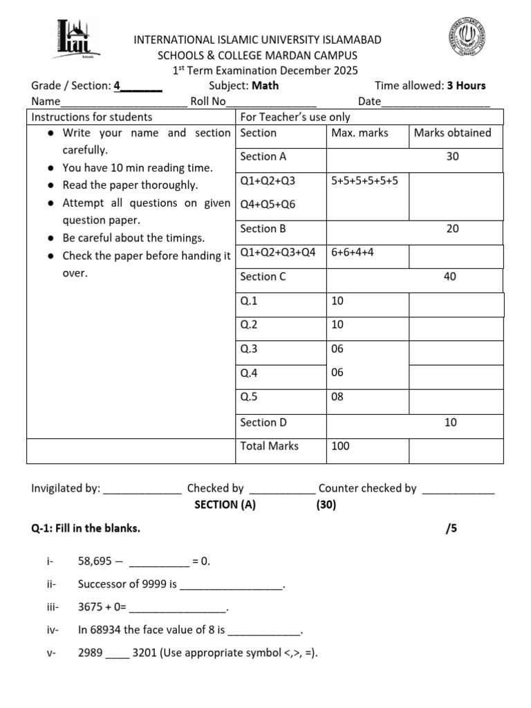 g4 1st Term Math Paper-1 | PDF | Numbers | Elementary Mathematics