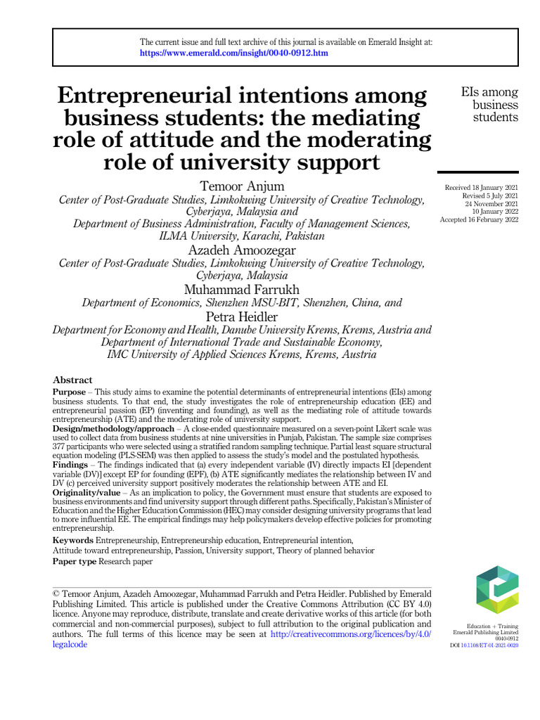 10 1108 - Et 01 2021 0020 | PDF | Entrepreneurship | Attitude (Psychology)