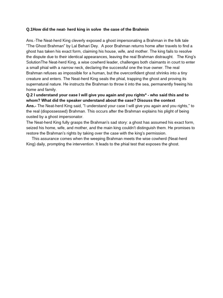 Q.1How Did The Neat-Herd King in Solve The Case of The Brahmin | PDF