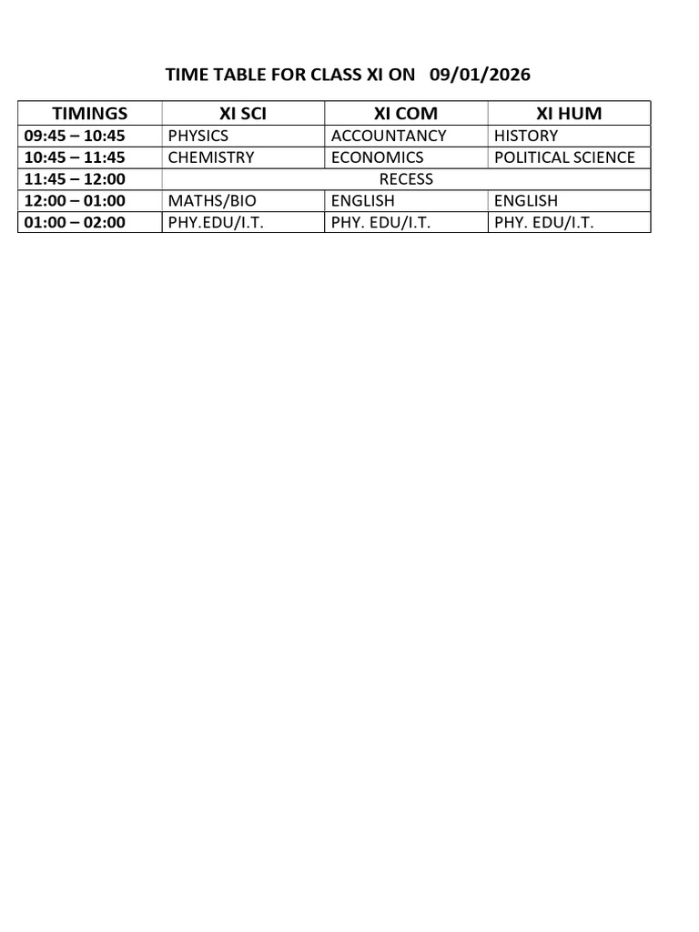Time Table For Class Xi | PDF