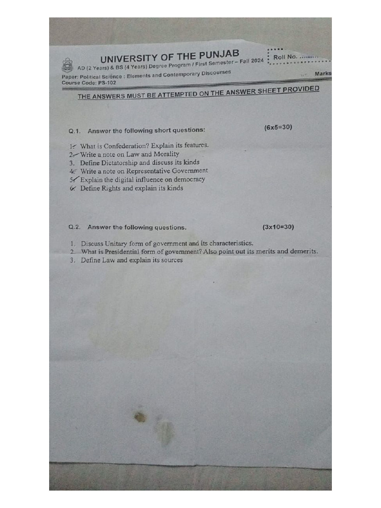 Past Paper 1 Semester Pol Science | PDF