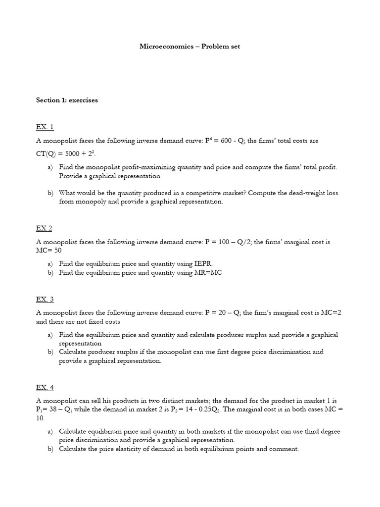 Problem Set 5 - Monopoly and Price Discrimination | PDF | Monopoly | Demand