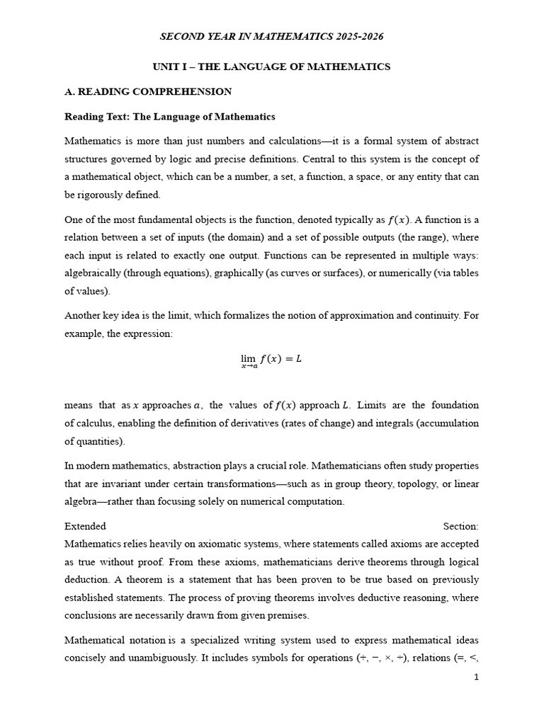Second Year in Mathematics 2025 2026 Course Material | PDF | Algebra ...