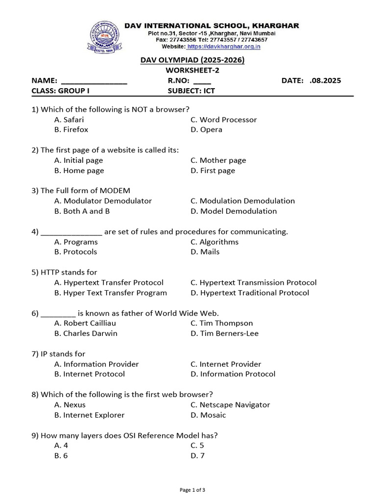 Dav Ict Olympiad Group I Worksheet 2 (2025-2026) | PDF | Computer ...