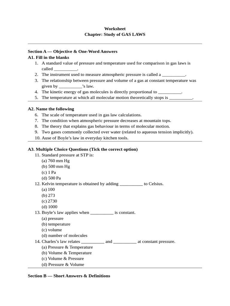 Worksheet Gas Laws | PDF | Gases | Temperature