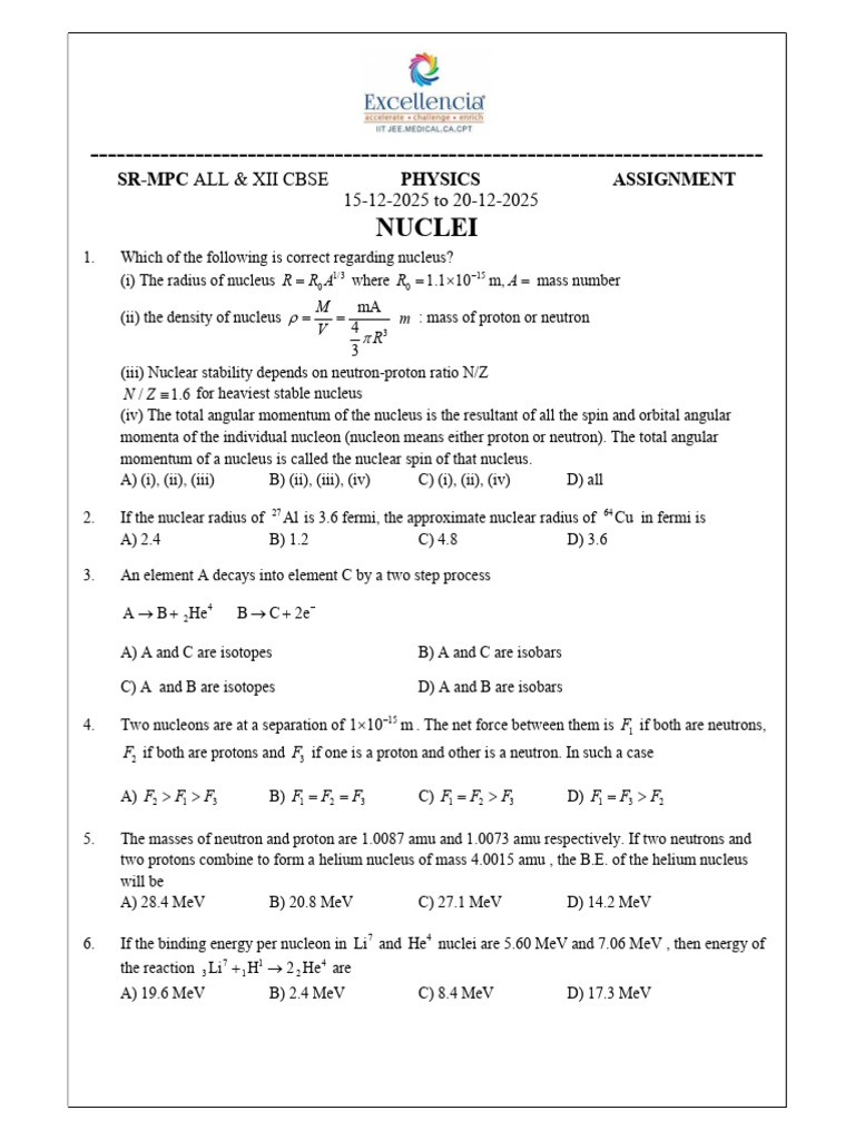 11P.SR MPC ALL & XII CBSE nucleii | PDF | Atomic Nucleus | Nuclear Physics